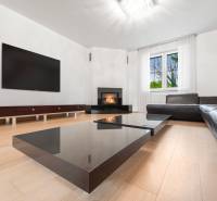 Living room with a black sofa, fireplace, and television, floor with wood decor.