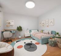 Children's room with a bed, creative carpet, desk, and floor with wooden decor.