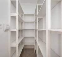 White storage room with shelves in a family house, ideal for storage solutions.