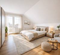 A bright bedroom with a bed and wood-decorated flooring in a family house.