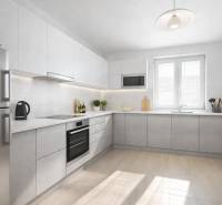 A bright kitchen in a family house with a wooden decor floor and white cabinets.