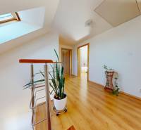 A hallway in a family house with a wood-patterned floor and a skylight.