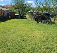 A garden of a family house on a street in Poprad with a grassy area and trees.