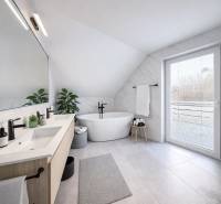 Bathroom with a bathtub and a plant in a family house, white tiles, large window.