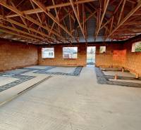 Construction of a family house in Andovce with ceramic bricks and wooden beams on the roof.