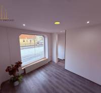 Interior of commercial spaces with a large window and wooden decor flooring.