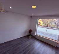 Commercial spaces with large windows and a floor with a wooden decor.