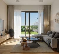 Living room in a family house with a large window and a floor with a wood decor.