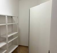 A small storage room with shelving units and a floor with a wooden decor in a 3-room apartment.