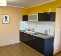 A kitchen with dark cabinets, wood-patterned flooring, and a yellow wall.