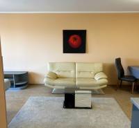 A sofa and a coffee table on a floor with wood decor, 3-room apartment.