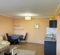 Living room with a kitchenette in a 3-room apartment, floor with wood decor.