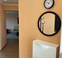 A hallway with a clock, a mirror, and a coat rack in a 3-room apartment with a wooden decor floor.