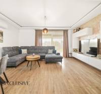 Living room of a family house with a comfortable sofa and a wooden-patterned floor.