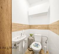 A toilet with wall cladding and flooring with a wood decor in a family house.