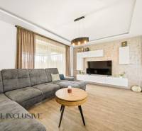 Living room in a family house with a gray sofa, TV, and wood-patterned flooring.