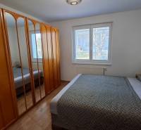 Bedroom with a double bed, mirrored wardrobe, and wooden decor flooring in a two-room apartment.