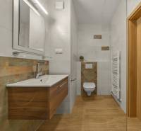 Bathroom in a 2-room apartment with a wooden decor floor and a modern sink.