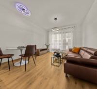 Living room in a two-room apartment with a wood-patterned floor, a brown sofa, and a dining table.