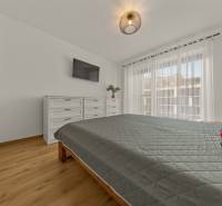 Bedroom with a TV, dresser, and bed in a 2-room apartment, floor with wood decor.