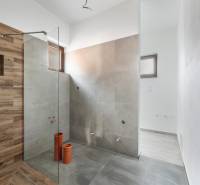 A bathroom with ceramic tiles and a shower enclosure in a family house.