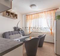 A kitchen in a studio apartment with a gray sofa and decorative curtains.