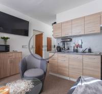 A kitchen in a studio apartment with wooden decor and a dining area.