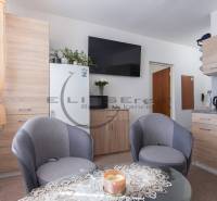 Interior of a 1-room apartment with seating, a kitchenette, and a TV on the wall.