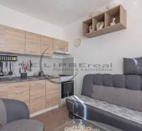 A kitchen in a one-room apartment with a kitchenette and a sofa, floor with wooden decor.