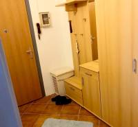 Hallway in a one-room apartment with a shoe cabinet, cupboard, and a telephone on the wall.