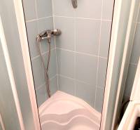A shower corner with blue tiles and a corner in a studio apartment.