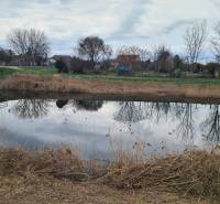 Water surface with reflection of trees near the bridge in Veľké Kosihy, land - residential.