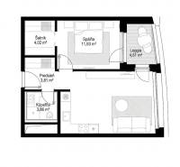 Floor plan of a 2-room apartment with a loggia, wardrobe, and wooden decor flooring.