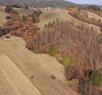 Agricultural and forest land around Námestovo with a cottage and grassy areas.