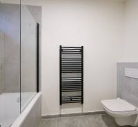 A bathroom in a family house with a bathtub, shower screen, and dark radiator.