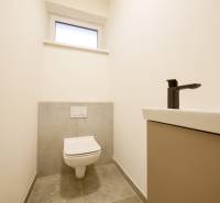 Bathroom with a sink and toilet in a family house, stone-patterned floor.