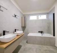 A bathroom in a family house with two sinks, a bathtub, and an elegant interior.