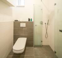 Bathroom with a shower and toilet in a 2-room apartment.