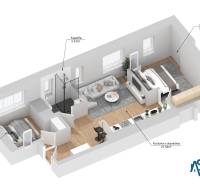 Floor plan of a 2-room apartment with a kitchen, living room, bathroom, and two bedrooms. Flooring with a wooden decor.