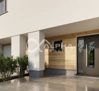 Entrance to a family house in Harichovce with elements of wooden cladding and greenery.