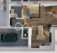 Floor plan of a family house with a parking space and a wooden decor floor.