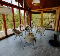 A stone fireplace in a family house with a glass wall and natural scenery.