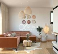 Living room with a sofa, decorative bowls, a fireplace, and a wooden-patterned floor.