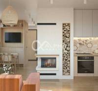 Interior space with wood-patterned flooring, a fireplace, and a kitchen with modern elements.