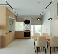 A bright kitchen with a dining table and chairs in a 3-room apartment, with a wooden decor floor.