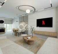 Living room with kitchen in a 3-room apartment with light furniture and a wooden decor floor.