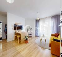 Living room in a two-room apartment with a wooden decor floor and a yellow sofa.