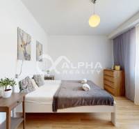 Bright bedroom in a two-room apartment with wood-patterned flooring and wall decorations.