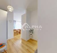 A hallway in a 2-room apartment with a wood-patterned floor and a chair.