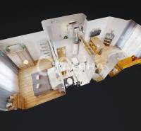 3D visualization of a 2-room apartment with wood-patterned flooring, furnishings, and separate rooms.